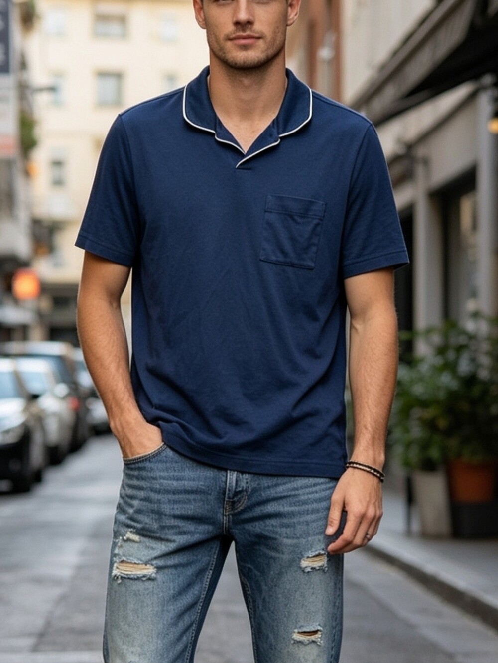UNTUCKit Navy Blue Pocket Polo Shirt Large 100% Cotton Short Sleeve Men's Large